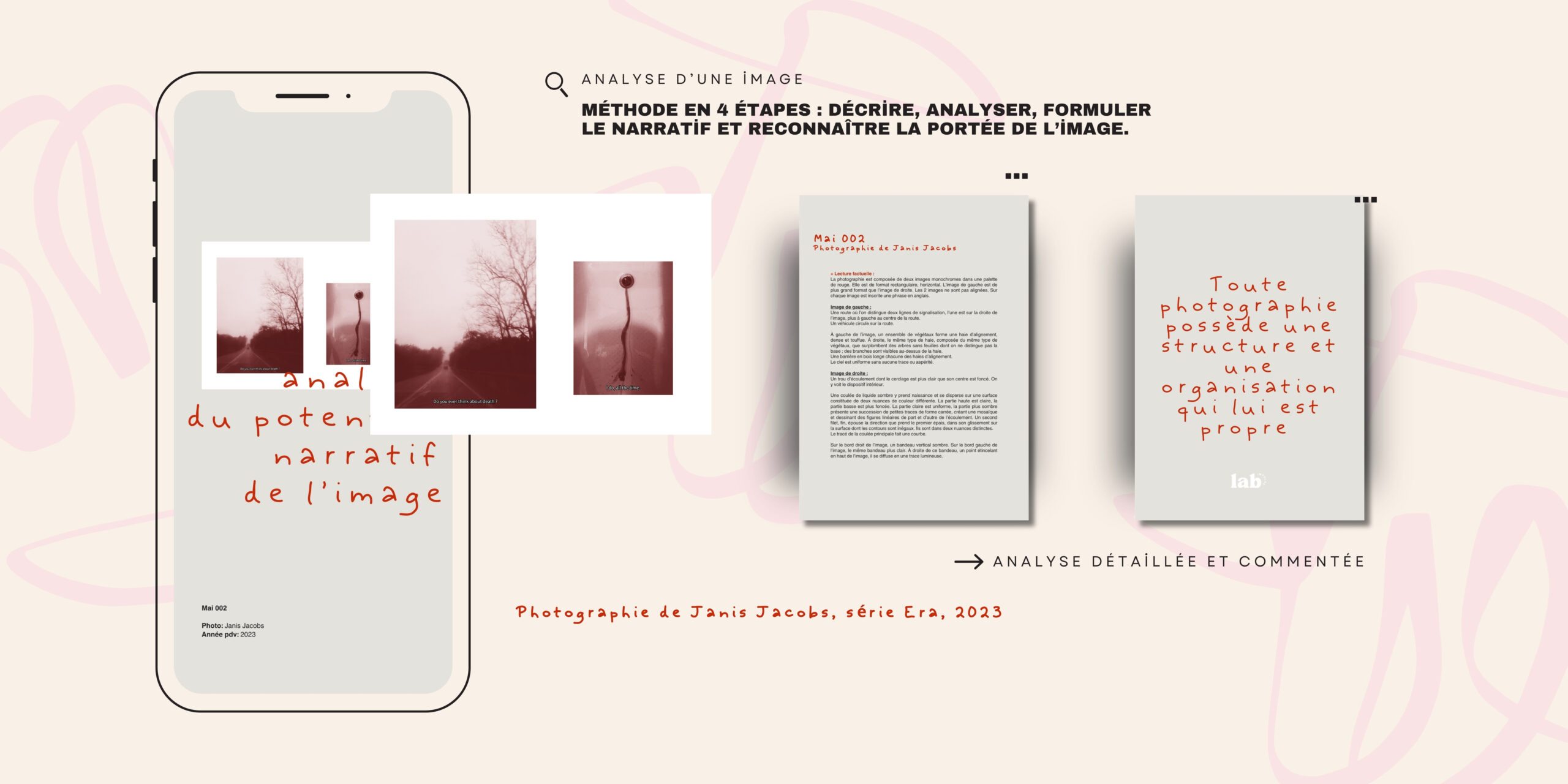 Tablette présentant l'analyse du potentiel narratif de l’image, photographie de Janis Jacobs.
