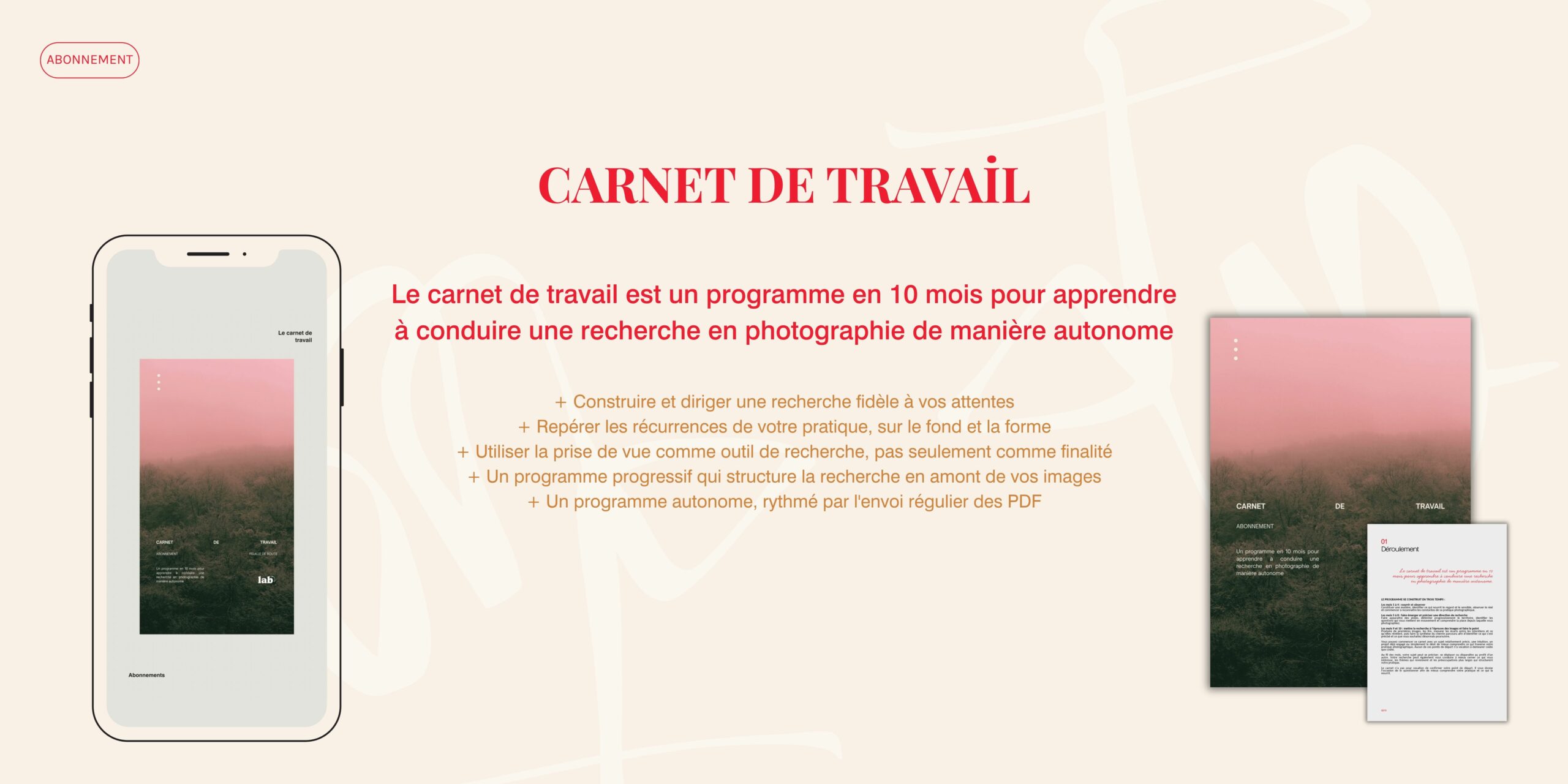 Téléphone présentant le Carnet de travail et page du PDF mensuel