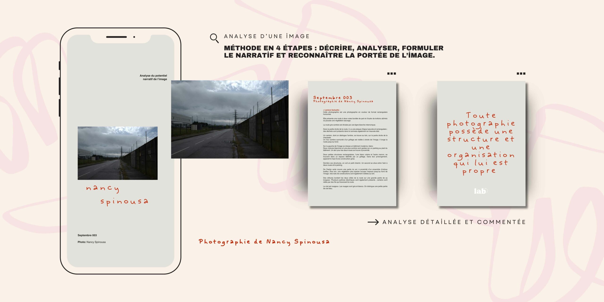 Tablette présentant l'analyse du potentiel narratif de l’image, photographie de Nancy Spinousa.