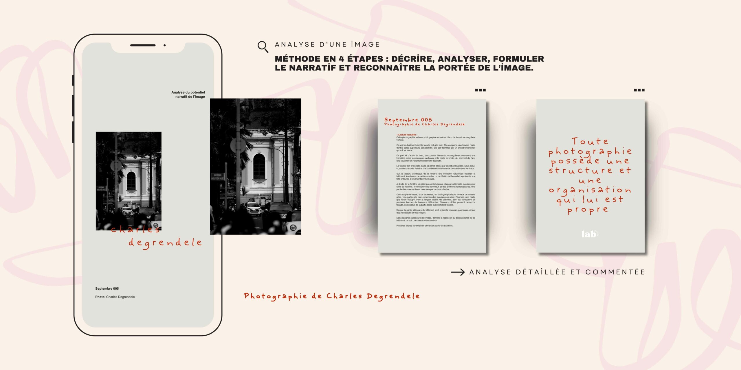 Tablette présentant l'analyse du potentiel narratif de l’image, photographie de Charles Degrendele.